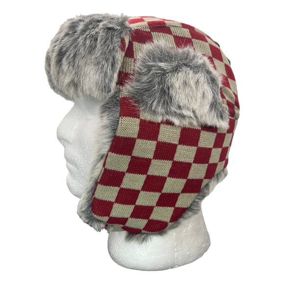 Red Checkered Aviator Hat Faux Fur Winter Ski Trooper Trapper Ear Flap Cap - Picture 6 of 6